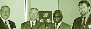 After the signing ceremony, from left to right, Prof Richard Pienaar (Deputy Vice Chancellor: Academic, Internal), Helmuth Fischer (Managing Director of CBI), Prof Raymond Nkado, Dean: Faculty of Engineering and the Built Environment and Prof Ian Jandrell (Head of the School of Electrical and Information Engineering)